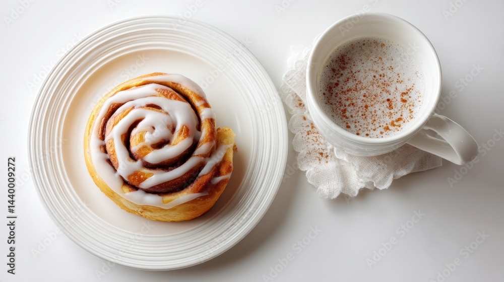 Delicious Cinnamon Roll With Creamy Icing Served on a Clean White Plate With a Warm Beverage Delicious Cinnamon Roll With Creamy Icing Served on a Clean White Plate With a Warm Beverage