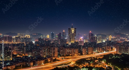 City skyline at night, illuminated buildings
