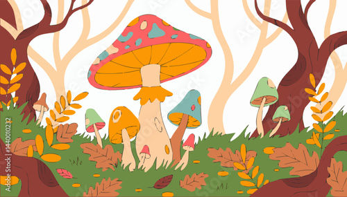 Illustration of colorful mushrooms in a magical forest. Vector graphics. EPS.