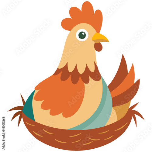 Illustration of a cheerful cartoon hen sitting in a nest, symbolizing farming, motherhood, and rural life