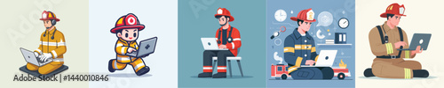 firefighter character vector playing laptop