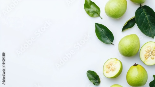 Wallpaper Mural Still life of green Asian pears and leaves on a white background. Torontodigital.ca