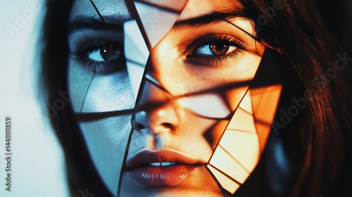 Fractured Facets: A Woman's Face in Shattered Light