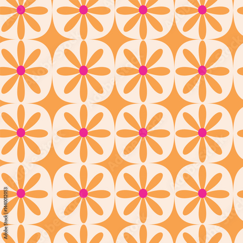 Retro Orange Flowers and Atomic starbursts seamless pattern. For fabric, textile, wallpaper and home décor
