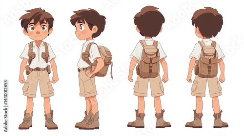 Cartoon boy explorer character design, four views.