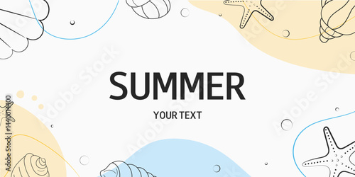 Abstract summer background in doodle style with sea ​​creatures and shells. Template for greeting card, invitation, banner, sale, advertising.
