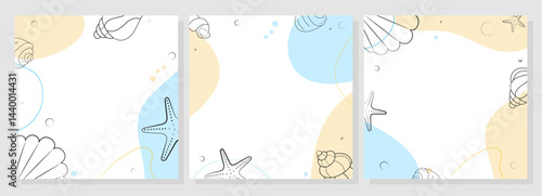 Group of abstract marine square backgrounds in doodle style. Summer template for banner, card, note, invitation, sale and promotion.