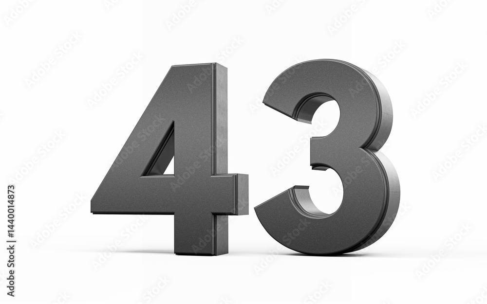 Sleek metallic Black number 43 Forty three standing on a white background, 3d illustration Sleek metallic Black number 43 Forty three standing on a white background, 3d illustration