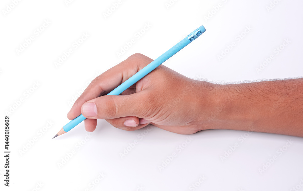 Hand Grips Blue Sharpened Pencil With A Metallic Ferrule And Eraser Ready To Write, White Background Hand Grips Blue Sharpened Pencil With A Metallic Ferrule And Eraser Ready To Write, White Background