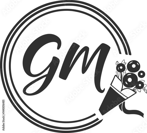 Create a logo design with the letters gm black and white background.