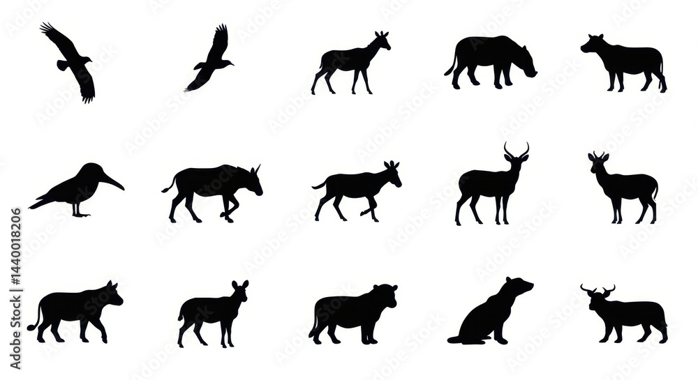 Fototapeta premium Collection of Animal Silhouettes Including Birds, Wolves, and Foxes on White Background