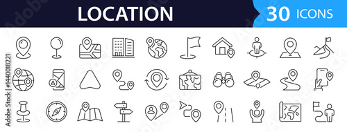 Location Web Icon Set in Line Style. Collection of Map Pin Linear Icons, Including Address, place, location, gps, directions, navigation, map, distance, map marker  and More. Editable Stroke.