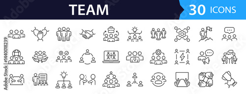 Team Web Icon Set in Line Style. Collection of Teamwork Linear Icons, Including team building, workshop, human resources, business people, group, team, organization, community. Editable Stroke