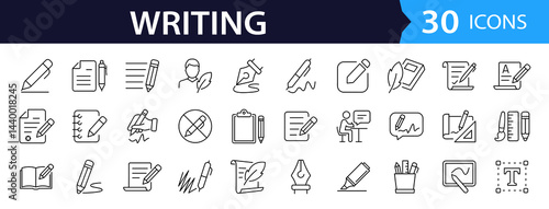 Writing Web Icon Set in Line Style. Collection of Copywriting Linear Icons, Including write, note, edit, writer, text, pen, signature, content editing, document, nib, pencil and More. Editable Stroke.
