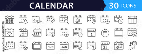 Calendar Web Icon Set in Line Style. Collection of Calendars Linear Icons, Including schedule, months, days, weeks, reminders, time management, deadline, planning and More. Editable Stroke