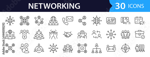Networking Web Icon Set in Line Style. Collection of Social Network Linear Icons, Including community, business people, community, network, relationship, online networking and More. Editable Stroke