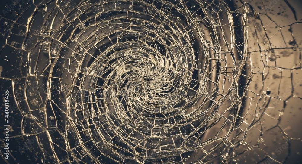 Fototapeta premium A Close-Up View of Shattered Glass in a Spiraling Pattern, Reflecting Light and Creating Intricate Visual Textures