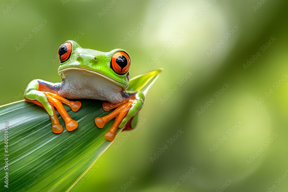Obraz premium Close up of a vibrant red eyed tree frog perched on a green leaf.