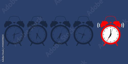 Many alarm clocks turned off, and one ringing at 7:00 a.m.