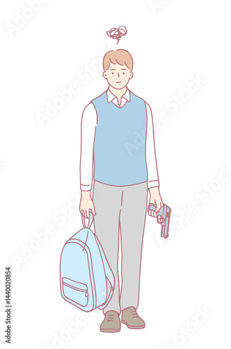 Illustration of a young man holding a backpack in one hand and a gun in the other, symbolizing modern lifes tension