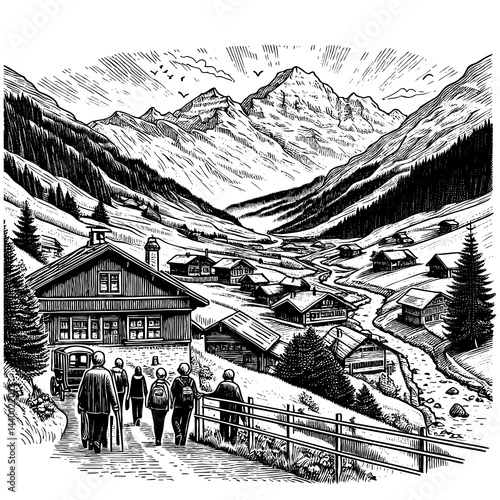 Wallpaper Mural alpine village nestled in a valley, surrounded by towering mountains and a serene lake, drawn in an engraved, woodcut style sketch engraving generative ai PNG. Scratch board. Black and white. Torontodigital.ca