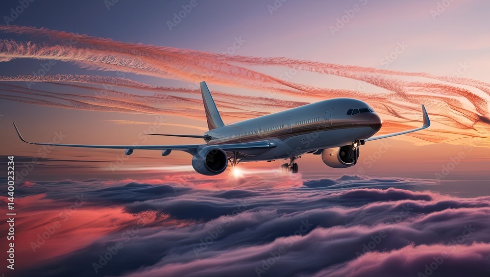 Airplane flying between clouds with twilight sky in the background Airplane flying between clouds with twilight sky in the background