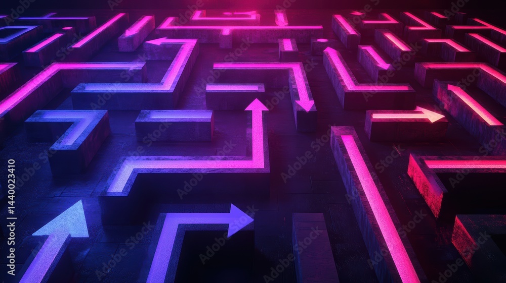 Neon maze with vibrant pink and blue arrows depicts a futuristic concept of direction and decision-making in a dimly lit environment. Deadline approaching Neon maze with vibrant pink and blue arrows depicts a futuristic concept of direction and decision-making in a dimly lit environment. Deadline approaching