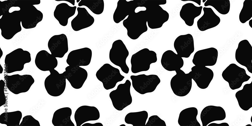 Seamless black and white floral pattern with abstract flowers. Modern botanical background for fabric, wallpaper, textiles, branding, and digital designs. Minimalist and trendy monochrome style.