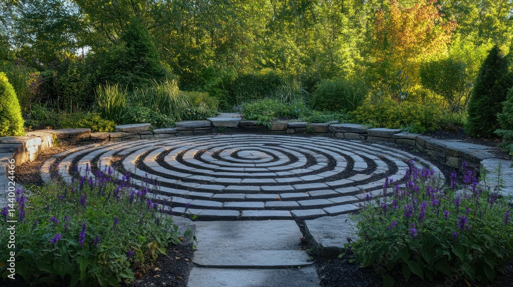 Stone Spiral Labyrinth in a Serene Garden Stone Spiral Labyrinth in a Serene Garden