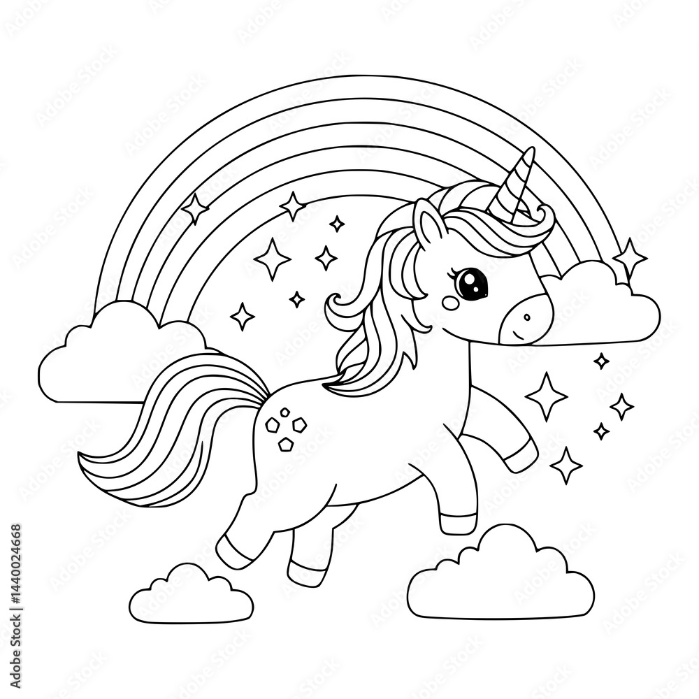 Fototapeta premium A beautiful Unicorn vector illustration in the sky with rainbow. Coloring page for kids