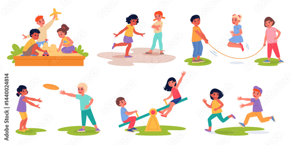 Summer outdoor games. Happy kids play on open air, children having fun, playground activities, frisbee, skipping rope, sandbox. Group and pair entertainment cartoon flat classy vector set