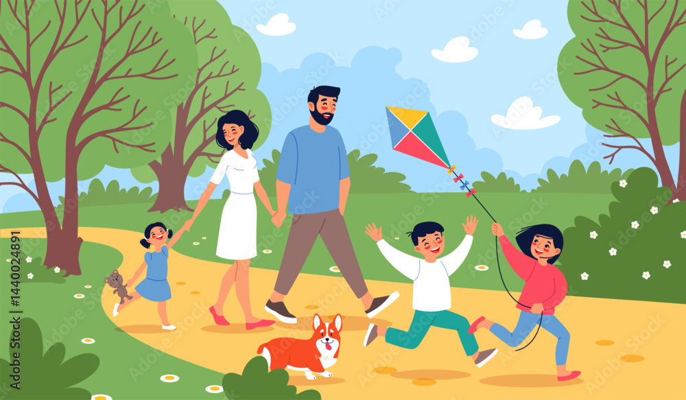 Summer nature family walk. Parents with kids in park, children playing with kite, joint holiday, happy people together outdoor activities cartoon flat style isolated classy vector concept