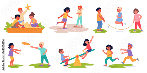 Obraz na płótnie Summer outdoor games. Happy kids play on open air, children having fun, playground activities, frisbee, skipping rope, sandbox. Group and pair entertainment cartoon flat classy vector set w salonie