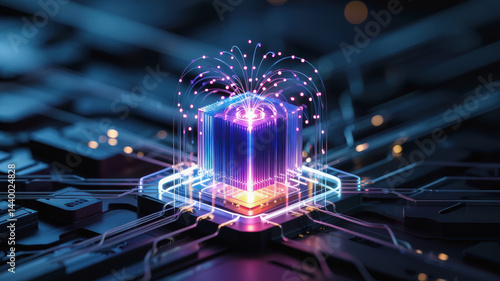 Agentic ai technology concept with glowing futuristic processor and digital data flow in dark environment