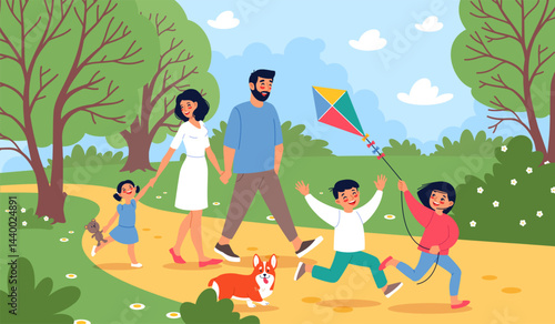 Obraz na płótnie Summer nature family walk. Parents with kids in park, children playing with kite, joint holiday, happy people together outdoor activities cartoon flat style isolated classy vector concept w salonie