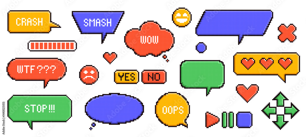 Pixel game speech bubbles. Retro computer graphic, 8 bit game design elements, dialogue text boxes and message balloons, communication symbol, icon buttons with heart, nowaday vector set