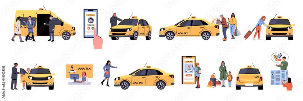 People use taxis. Townspeople calling, waiting for transport, yellow cars, passengers transportation in city, mobile app. Public transport cartoon flat style isolated tidy vector set