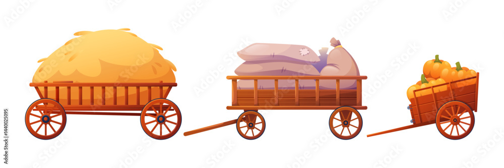 Old wagons with products. Wooden farming carts with flour, hay, pumpkin vegetables, farm loaded wheelbarrows, countryside traditional cargo transportation cartoon flat isolated classy vector set