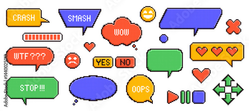 Obraz na płótnie Pixel game speech bubbles. Retro computer graphic, 8 bit game design elements, dialogue text boxes and message balloons, communication symbol, icon buttons with heart, nowaday vector set w salonie