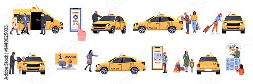 Obraz na płótnie People use taxis. Townspeople calling, waiting for transport, yellow cars, passengers transportation in city, mobile app. Public transport cartoon flat style isolated tidy vector set w salonie