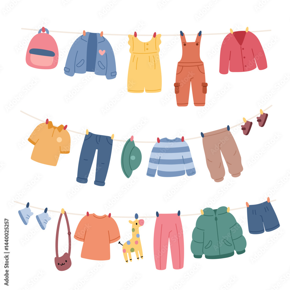 Kids cute clothes on ropes. Drying childish wears, cartoon color apparel elements, shoes, accessory, jackets and t shirts, boyish and girly trousers and sweaters, garish vector isolated set