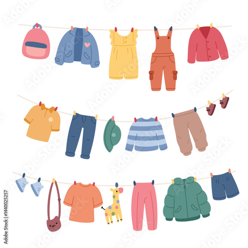 Obraz na płótnie Kids cute clothes on ropes. Drying childish wears, cartoon color apparel elements, shoes, accessory, jackets and t shirts, boyish and girly trousers and sweaters, garish vector isolated set w salonie