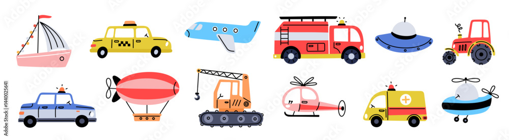 Childish transport toys. Boys game elements, color cars, planes, helicopters and airship, funny kids play inventory, scandinavian style elements, cartoon flat isolated garish vector set