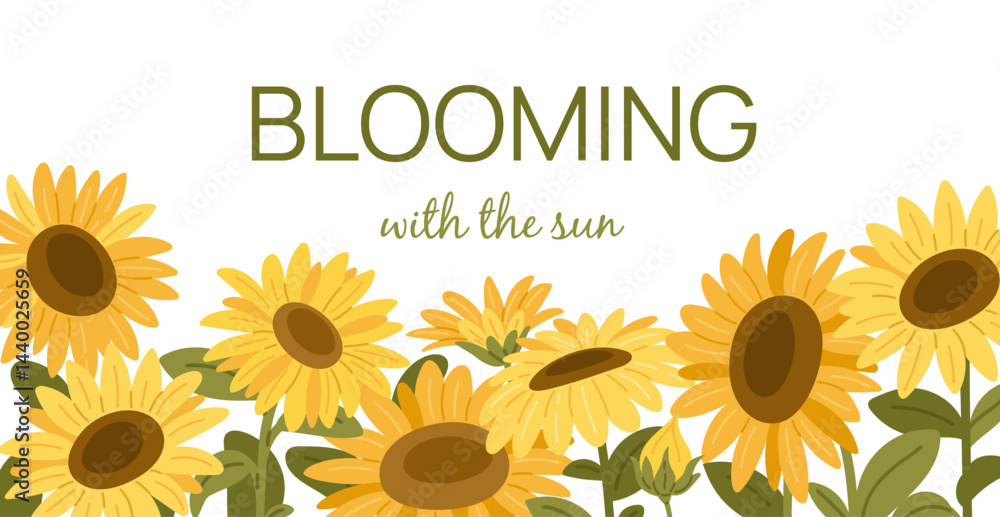 Cartoon sunflowers frame poster. Summer yellow flowers with oilseeds, blooming plants, decorative floral banner, horizontal background with copy space for text garish vector isolated concept
