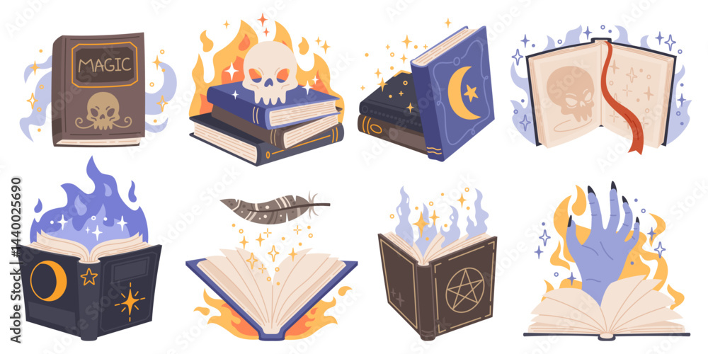 Cartoon magic spell books. Wizard manuscripts with different mystery effects, fantasy charms, fairy tales, game elements, fire, scull and spooky hand. Recent vector comic isolated set