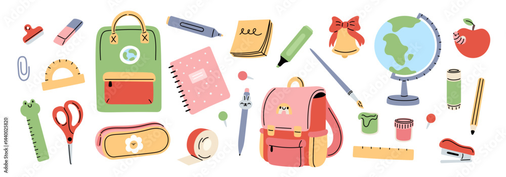 Back to school elements. Kids supplies and stationery, pencils, scissors, and rulers, primary education accessories, children backpack and globe, garish vector cartoon flat isolated set