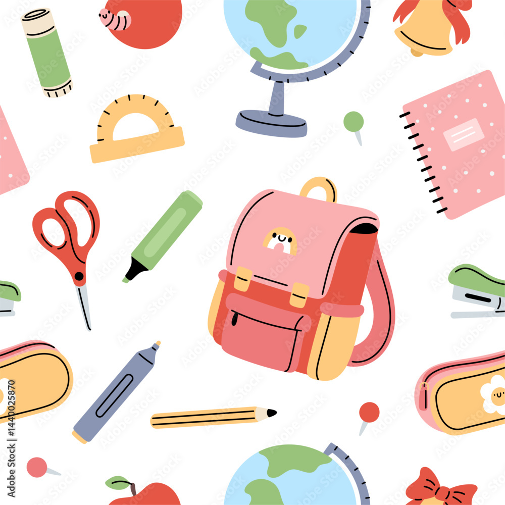 Back to school elements seamless pattern. Kids color stationery and supplies, elementary education accessories. Textile, wrapping paper, wallpaper. Print for fabric garish vector background