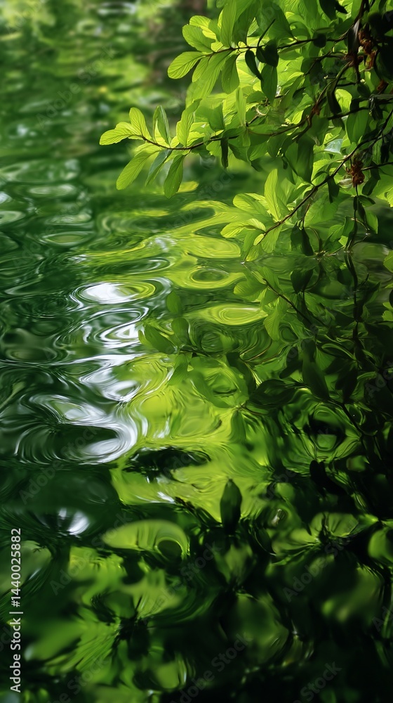 Rippled water reflecting lush green foliage