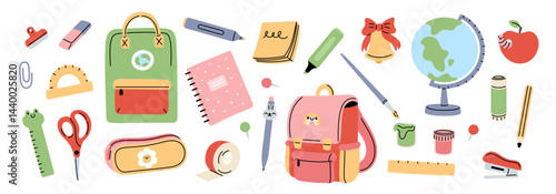 Obraz na płótnie Back to school elements. Kids supplies and stationery, pencils, scissors, and rulers, primary education accessories, children backpack and globe, garish vector cartoon flat isolated set w salonie