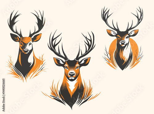 Vector illustration of a set of wild antelopes with antlers in nature